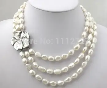 

women Fashion Jewelry Amazing! 2014 new 3 rows 8-9mm White Akoya Cultured Shell Pearl necklace Beads Jewelry Natural Stone BV373