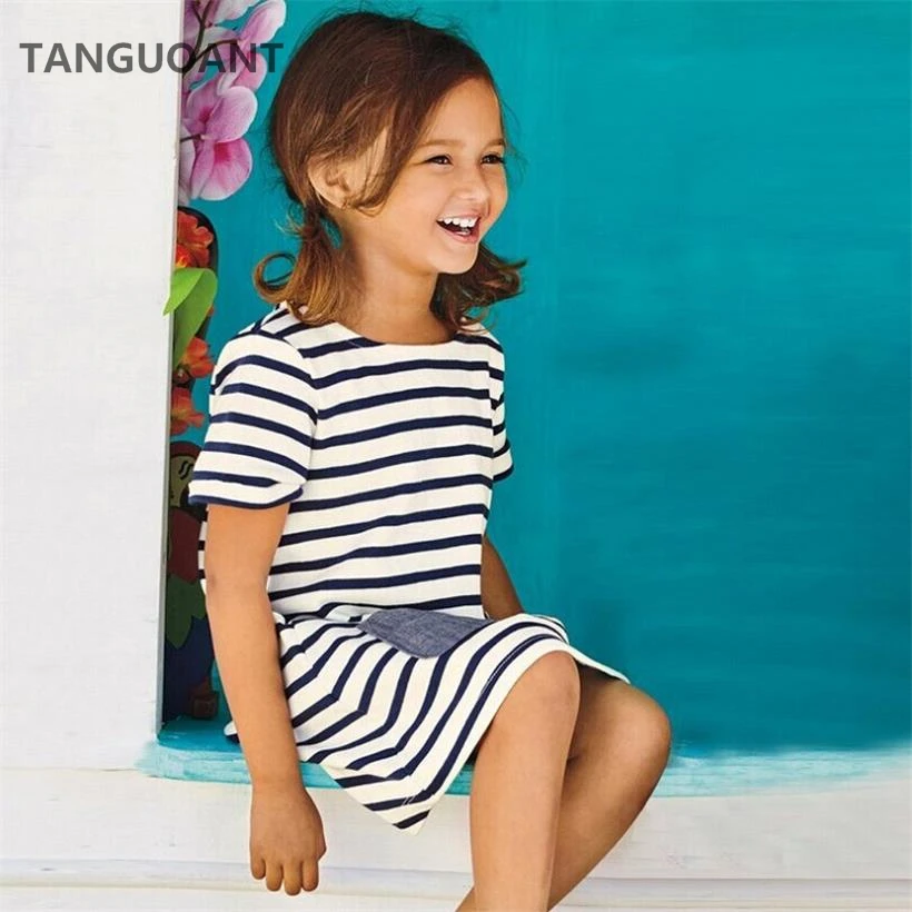 

TANGUOANT Hot Sale 1-8 Years Girls Short Sleeve Blue Stripe Summer Dress Cotton Casual Dresses Kids Clothing