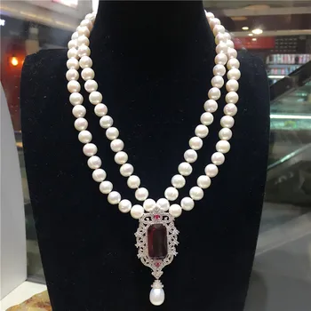 

Hot sell new 9-10mm natural white fresh water pearl zircon accessories double short necklace fashion jewelry