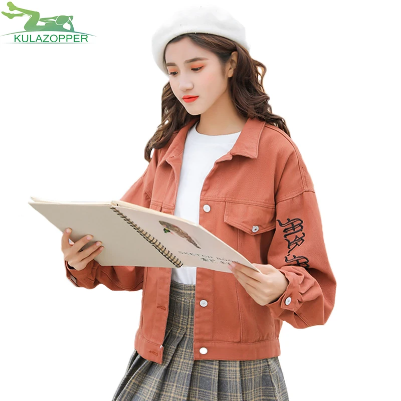 Printemps Femmes Lettre Red pink Long Kulazopper Femelle Revers Manteau Denim Yl200 black White Sleeveembroidery Color Lady khaki Automne brick Outwear Vêtements photo Nouveau 2018 Veste xYCqOdCw