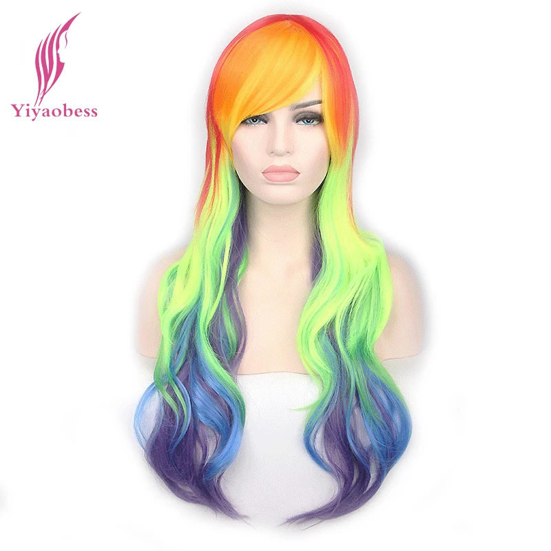 Yiyaobess 28inch Orange Green Blue Ombre Wig Synthetic Natural Hair