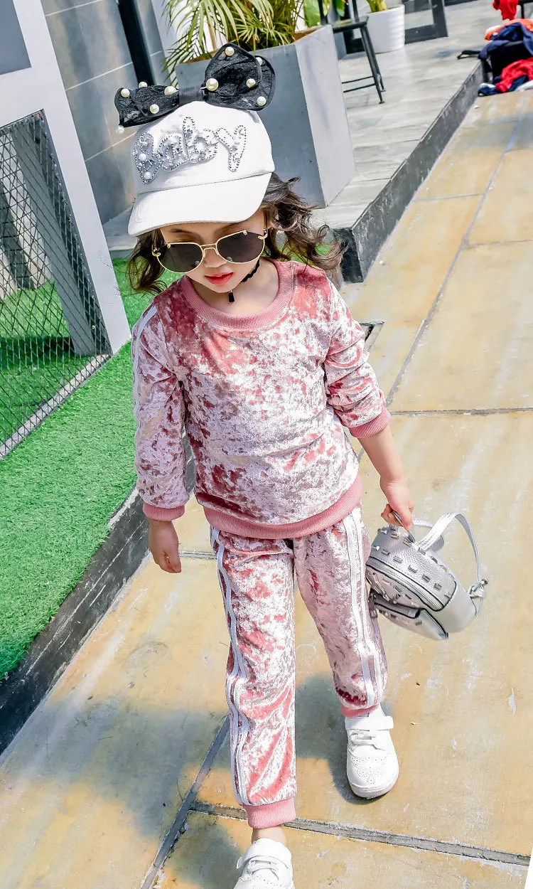 Girls  Clothing Set  Pink Velvet Cashmere Suit Set Long Sleeve Pullover+ Pants Sportswear Baby Girls Sports Clothes Active Suits (14)