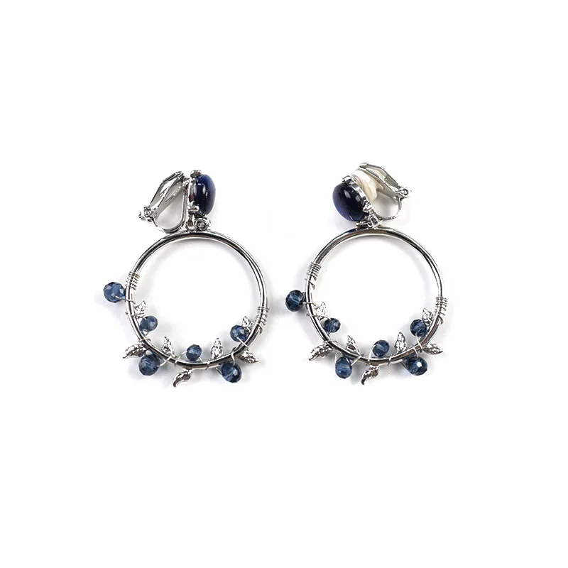 

UJBOX 2019 Long Clip Earrings Without Piercing Vintage Women Round Leaf Clip Earrings Gold Color Alloy Metal Glass Earrings Gift