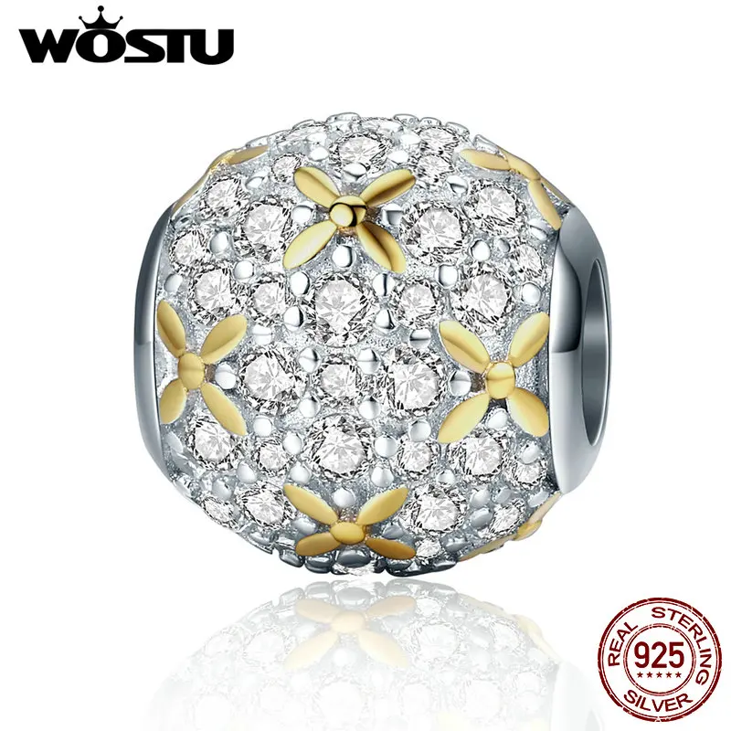 WOSTU Luxury 925 Sterling Silver Dazzling Golden Flowers Beads Fit Original Pandora Charm Bracelet DIY Jewelry