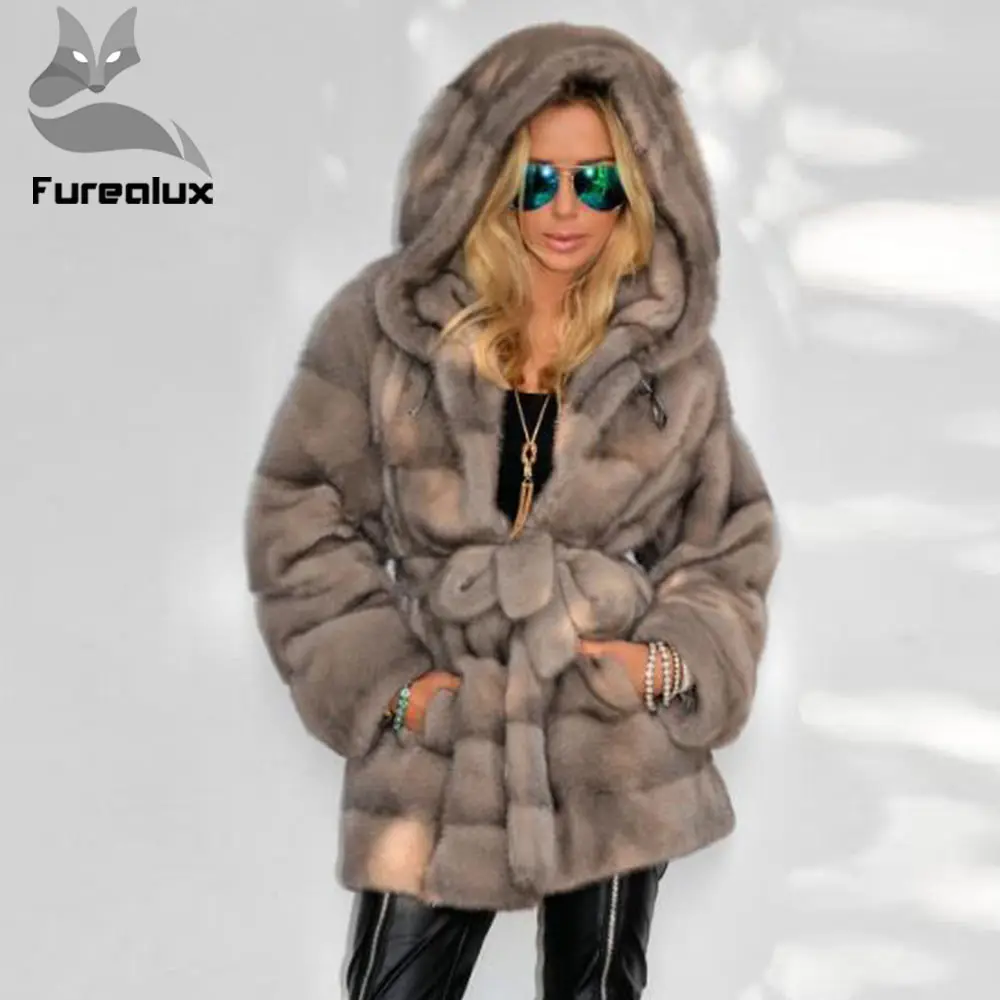 

Furealux Real 75cm Mink Fur Coat Hooded For Women Warm Loose With Belt Natural Mink Fur Jackets With belt outerwear womens