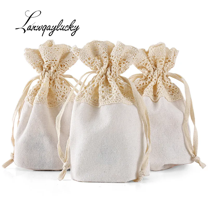 

10x14cm Cotton Canvas Drawstring Gifts Bags Wedding Christmas Party Packaging Jewelry Pouches Grid Handmade Coffee Bean Bag