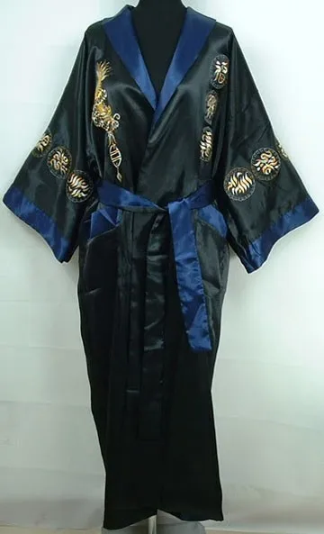 Темно-синий, черный Мужской Атласный двухлицевой халат в китайском стиле, халат с вышивкой, одежда для сна, новинка, юката, платье, один размер MR007
