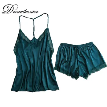 

Sexy halter style satin pajamas sets fashion lace patchwork two-pieces shorts sets sexy sleepwear women summer home wear