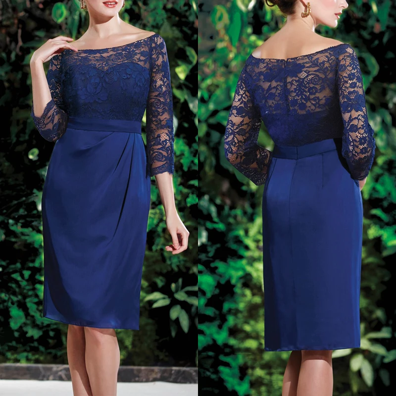 Blue Knee Length Brides Mother Dresses for Weddings Short Chiffon Lace