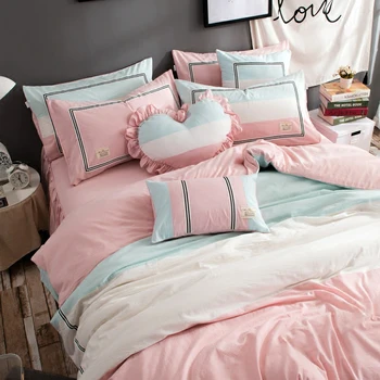 

Home Bedding Set Modern Stitching Color 100% Washed Cotton Princess Cool Duvet Cover Sets Pillowcase Bed Skirt 3/4PCS Designer