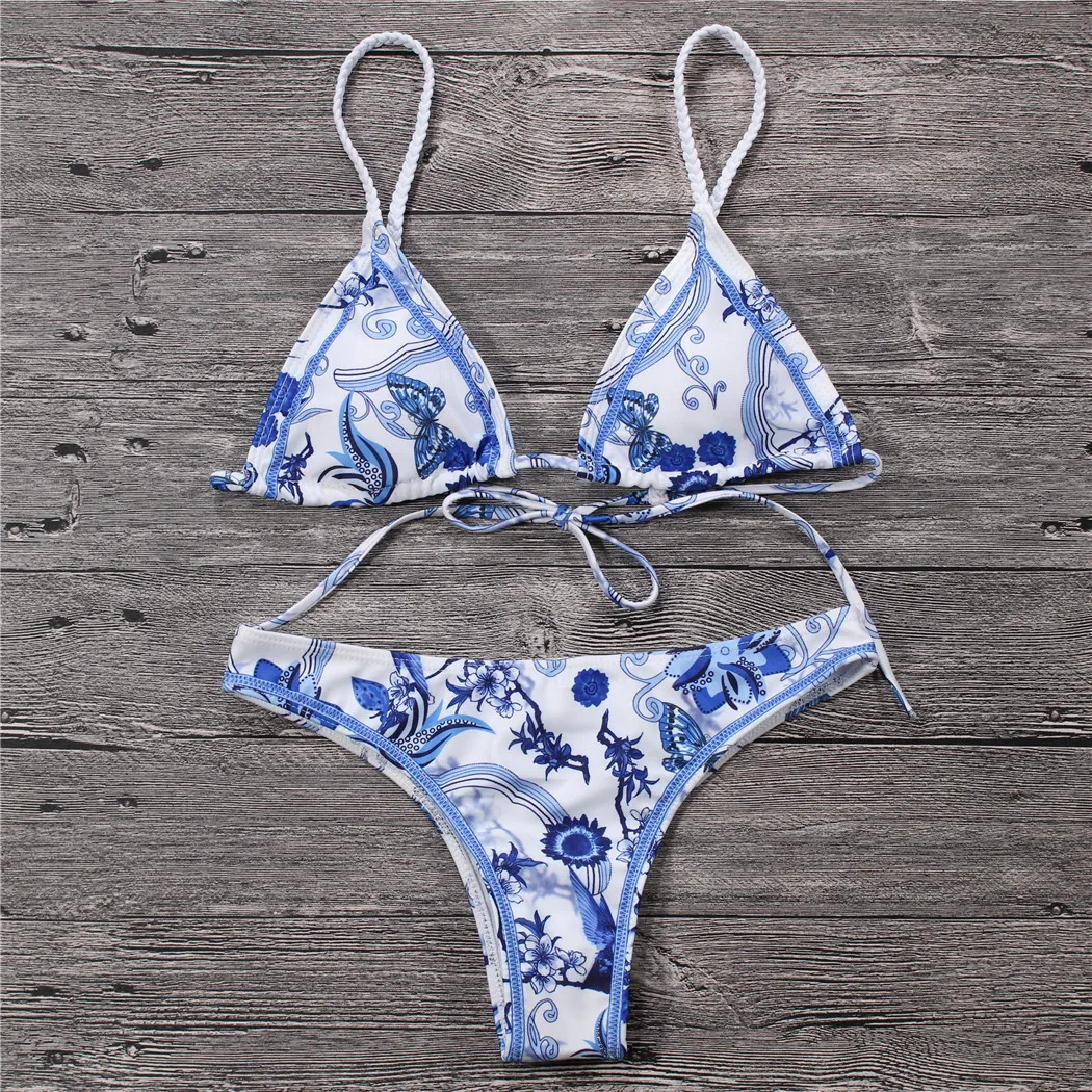 

Brazilian Bikini Set Floral Print Swimwear Swimsuit Sexy Secret Women's Blue Brazilian Bikinis Set Bath Bikini Top Thong 7236
