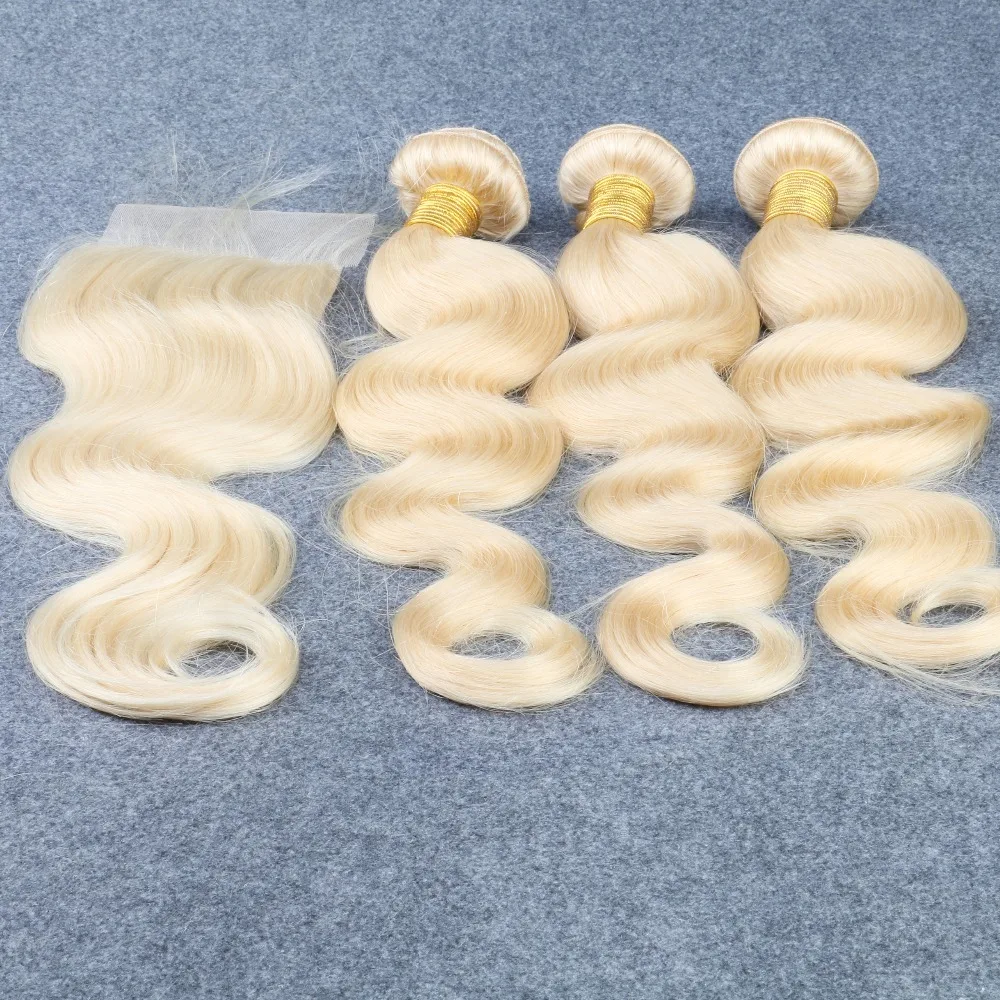 

8A Indian Virgin Remy Hair With Closure, 3 Bundles 613 Ombre Color Hair With Lace Closure Blonde Human Hair Weave with Closure