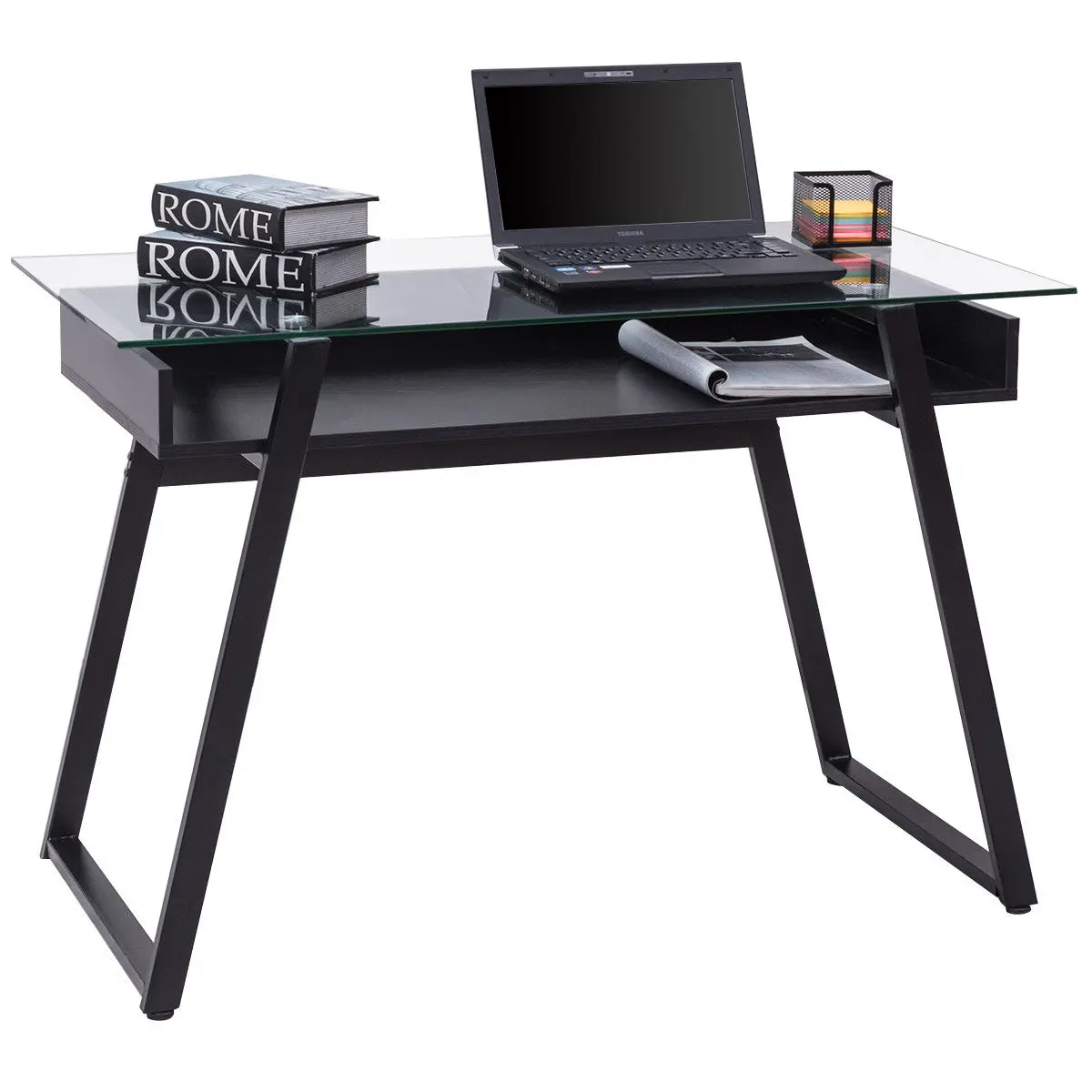 

Giantex Modern Glass Top Computer Desk PC Laptop Table Writing Study Workstation with Wood Shelf Home Office Furniture HW56041