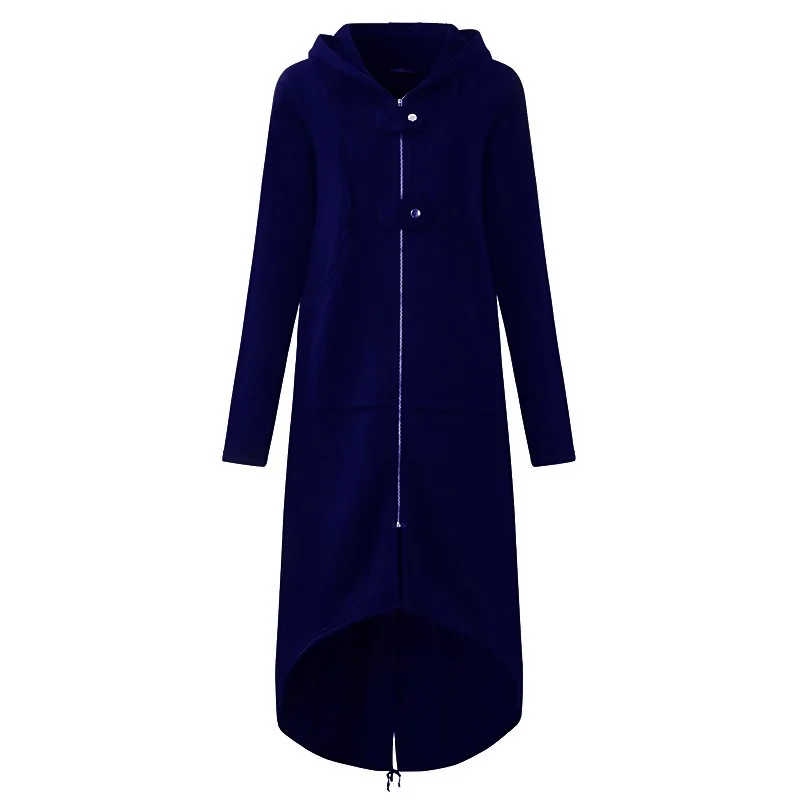 Lossky осень ветровка пальто женское длинный рукав толстовки женские черная молния плюс размер 5XL бархатное зимний пуховик длинное одежда зимнее платье - Цвет: Тёмно-синий