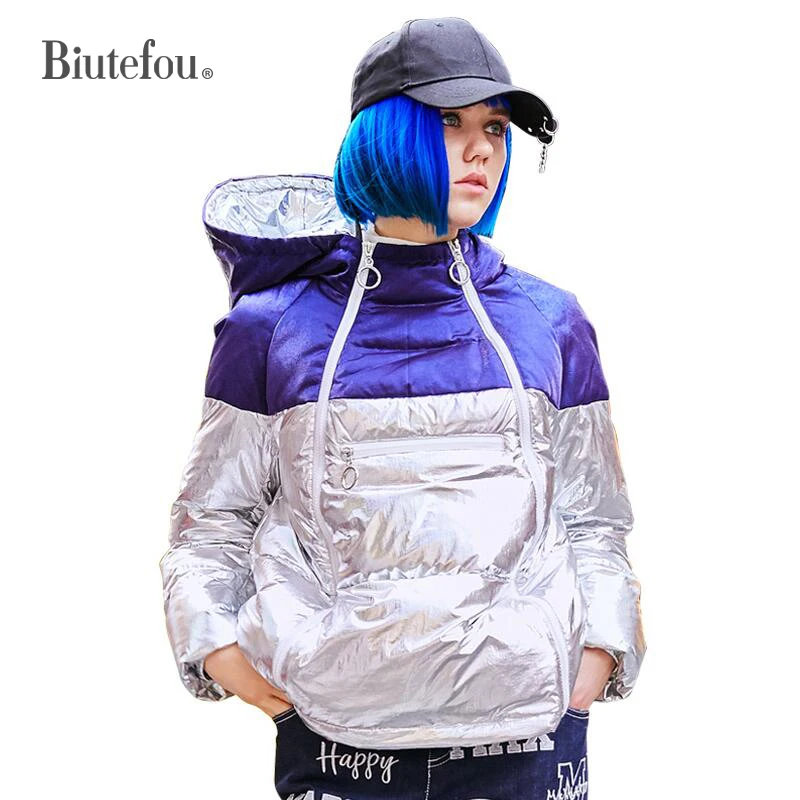 À Blanc Manteaux Couleur Canard Duvet Métal Silver Chaud Capuchon En Mode Femmes Bright Spliced 2018 D'hiver De wqTRpv4