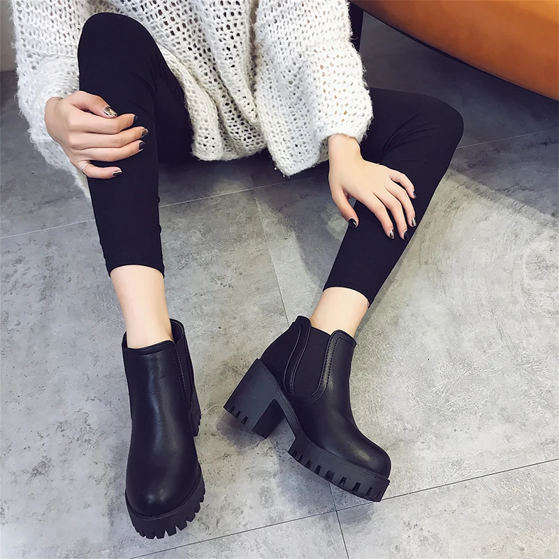 

2019 spring autumn thick with ankle boots Martin boots waterproof platform high-heeled shoes new British wind round head boots