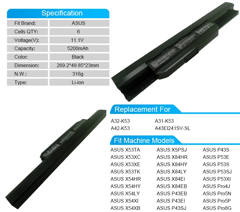 6 cell 5200 мАч аккумулятор для asus X53TA X53TK X54HR X54HY X54LY X53XC X53XE X54XI X84LY X84HY X84HR X5PSJ X54XB X84EB