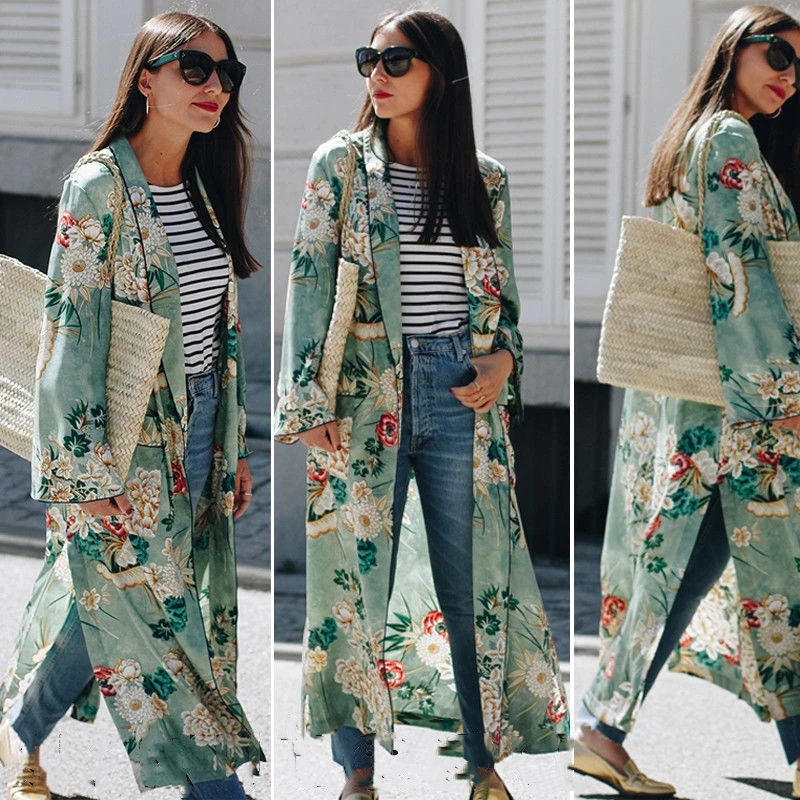 

Autumn New Women Trendy Long Maxi Sexy Coats Lace up Green Jackets Ladies Summer Floral Print Beach Casual Cardigan