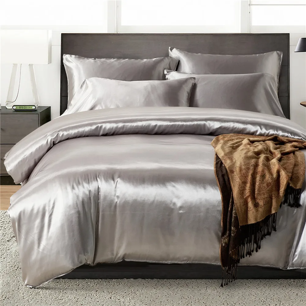 2pcs/3Pcs/4pcs Nordic Style Silk Bedding Set Queen Size Satin Grey Duvet Cover Solid Color Set