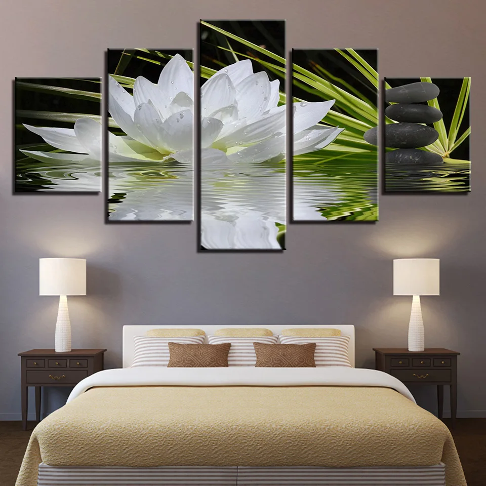

Colomac Art Painting Abstract Wall Pictures Five Pieces Decor for Living Room Meeting Room Water White Lotus Mural Fashion