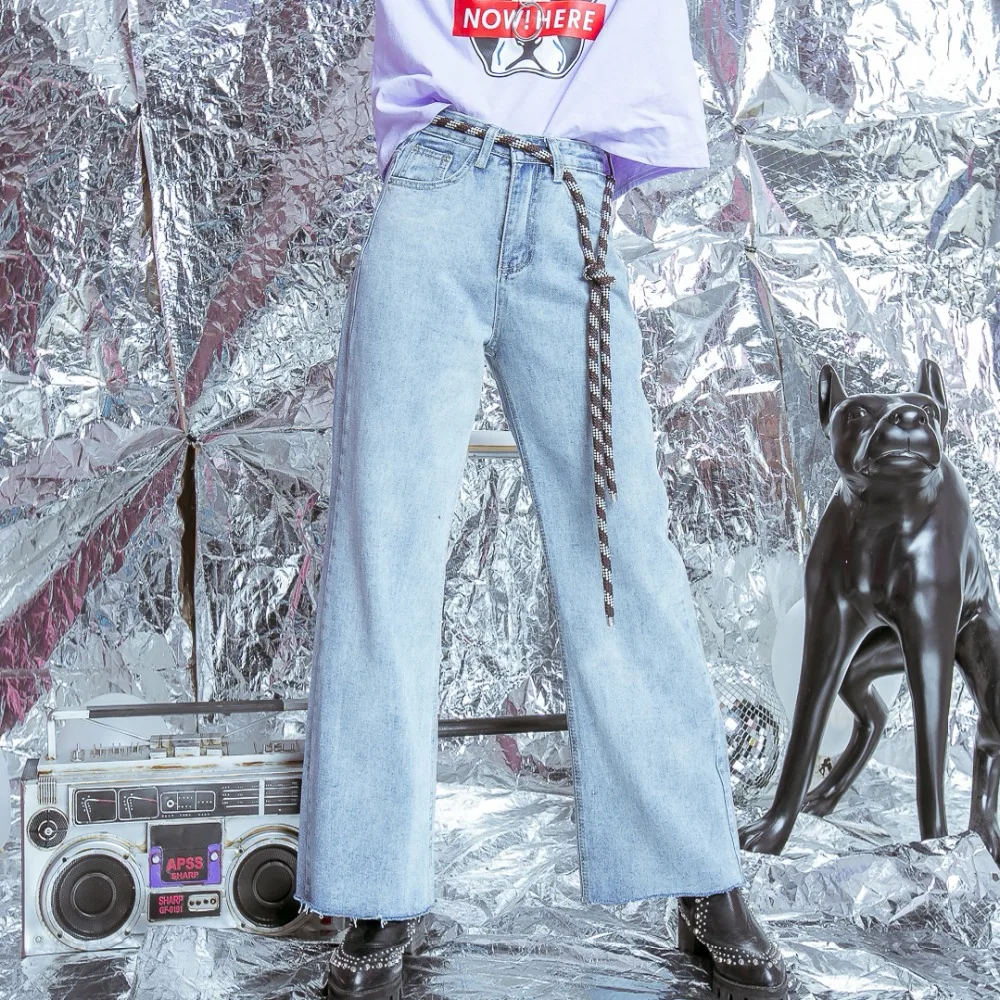 

The summer 2018 new BF tide all-match wide leg pants Harajuku loose retro wash jeans waist
