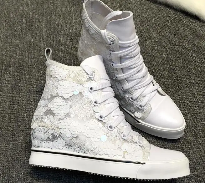 

Summer newest height increasing cutouts wedge shoes for woman pointed toe glitter lace-up shoes breathable mesh high top shoes