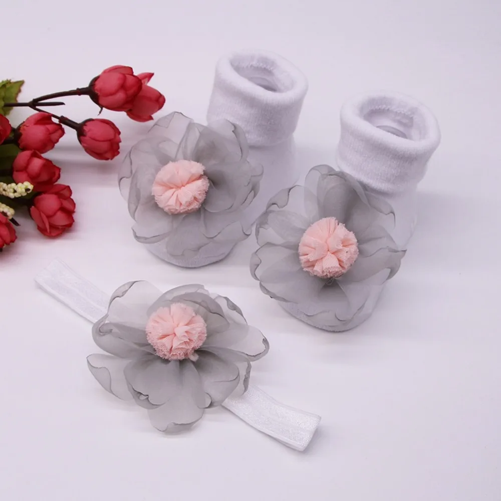 2PCS/SET Baby Socks+ Headband Set Lovely Flowers Decorated Anti-Slip Cotton Ankle Socks with Elastic Hair Band