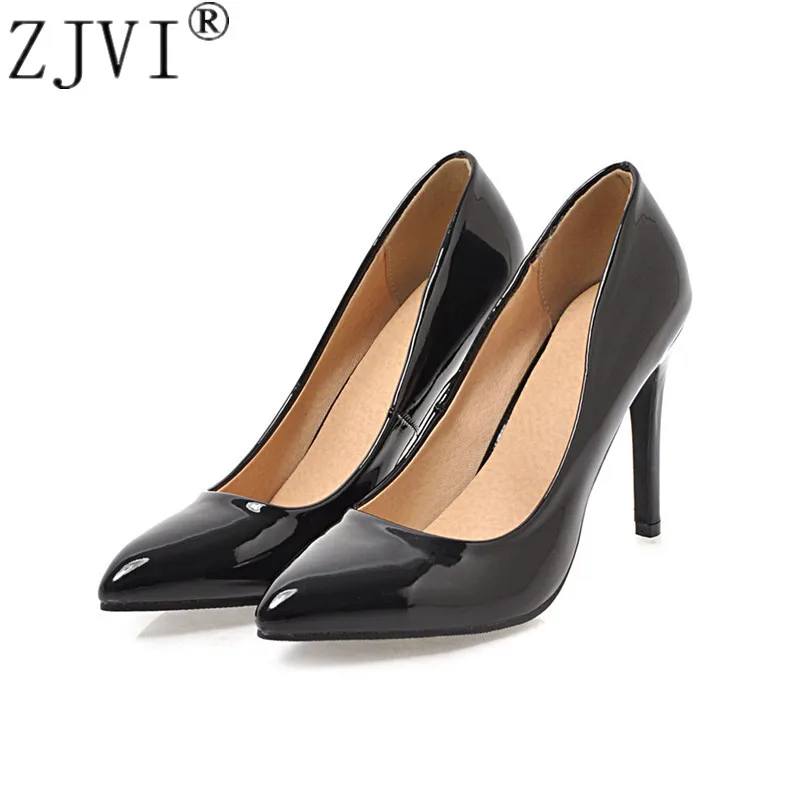 

ZJVI fashion spring autumn woman pointed toe pumps for women sexy 10cm thin high heels patent PU ladies black party work shoes