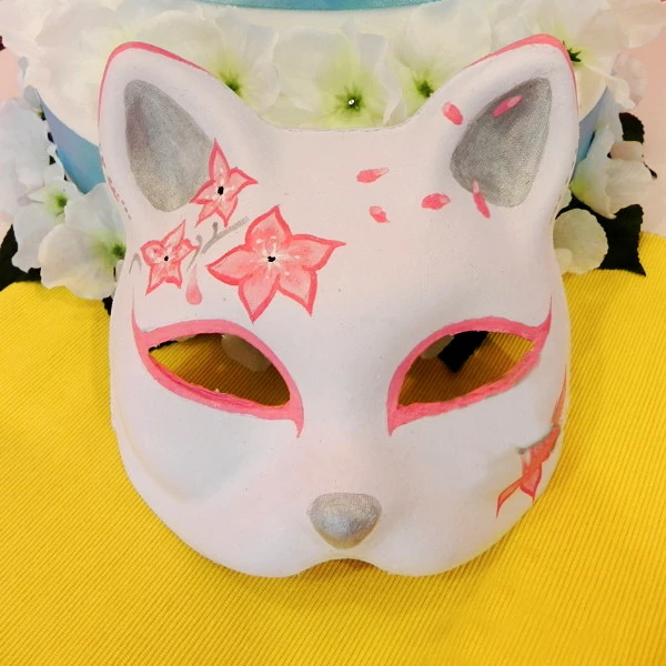 Half Face Hand Painted Japanese Fox Mask Pink Flower Pattern Kitsune ...