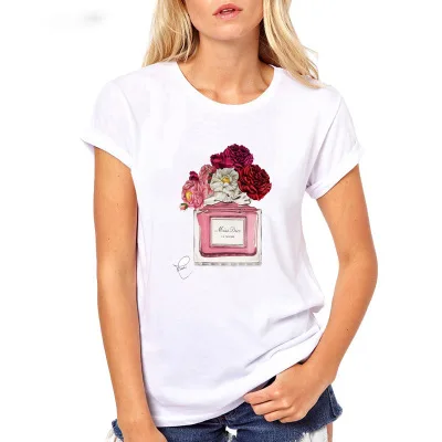 

Vogue Style Red Rose Perfume T Shirt Women White T-shirt Harajuku Top Tees Girlfriend Gift