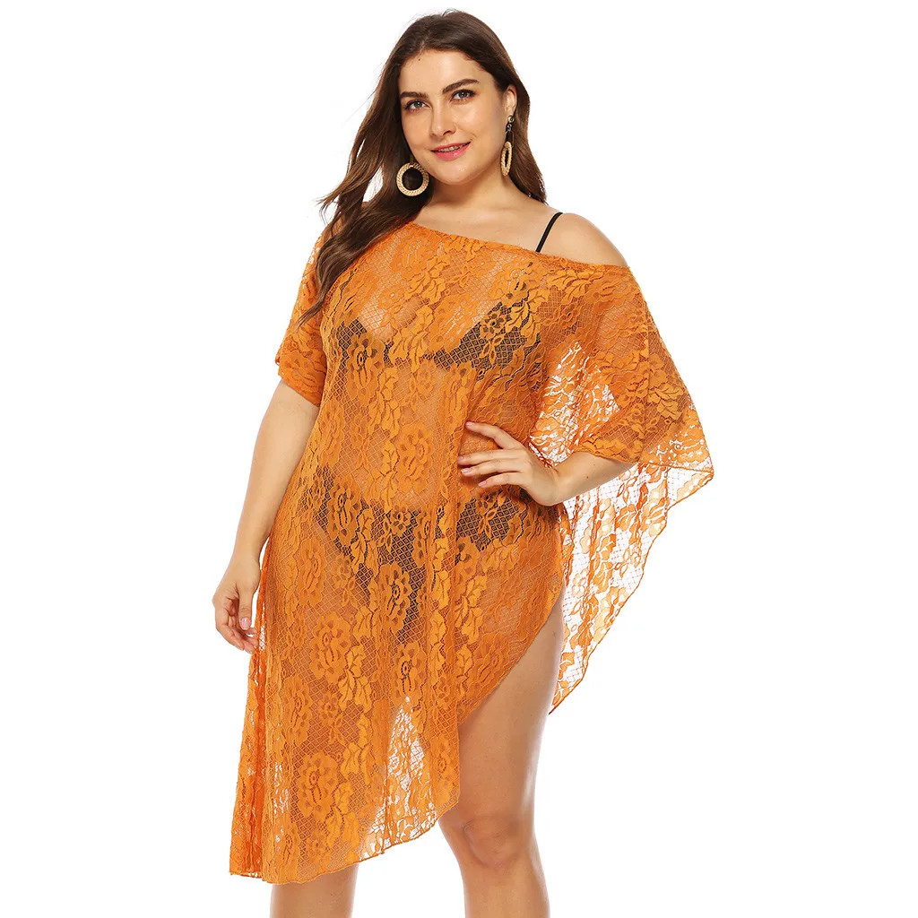 Women Plus Size Sexy Beach Dress Off Shoulder Solid Swimsuit Beach Tunics Bikini Cover Up Swimwear Perspective Beachwear