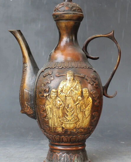 

13"Old Chinese Palace Bronze Gilt 3 Longevity God Fu Lu Shou Wine Tea Pot Flagon R0709