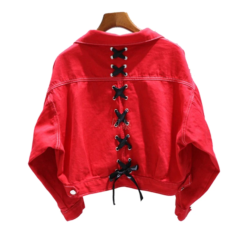 

Spring Female Colorful Ribbon Denim Jacket Student Harajuku BF female bomber Jeans Coat Solid Candy colors female jacket