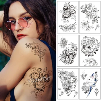 

Jewelry Diamond Rose Waterproof Temporary Tattoo Sticker Black Bear Animal Flowers Big Tatto Body Art Fake Tatoo For Women