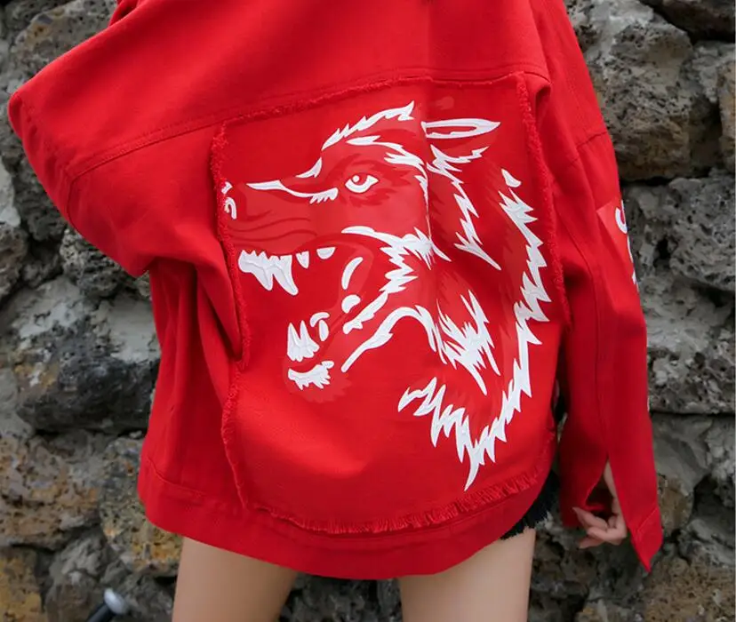 rouge Version Fille Noir Hip Hop Impression 2019 Automne Coréenne De La D'hiver Courte Veste Paragraphe Et Étrange Femelle Nouvelle Denim F1J3KTlc