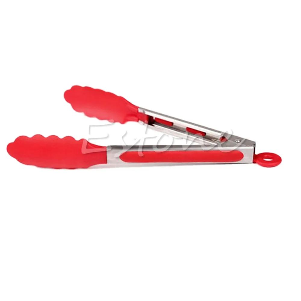 NEW Silicone Kitchen Cooking font b Salad b font Serving BBQ Tongs Stainless Steel Handle Utensil