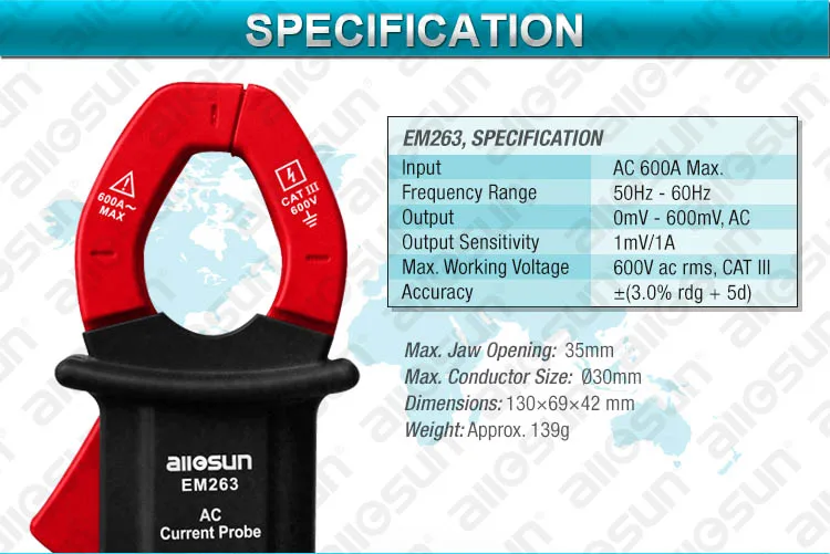 Зонд Цифровой клещи амперметр переменного тока зонд мультиметр Электронный тестер вход 600A-MAX выход 0-600mV все-солнце EM263
