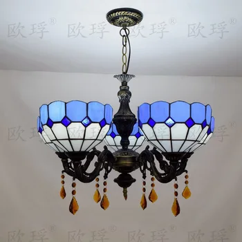 

5 heads Living room dining room bedroom Crystal lamps Tiffany Stained glass Restaurant blue decorate Pendant Lights E27