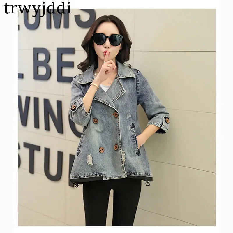 incredible  2019 Fashion Spring Jacket Coat Korean Loose Large Size Short Denim Jacket Female Double Breasted C
