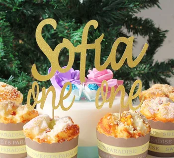 

kids 1st happy Birthday Personalized name birth Cake Topper + 12 one cupcake toppers customize any text Gold Pink Glitter paper