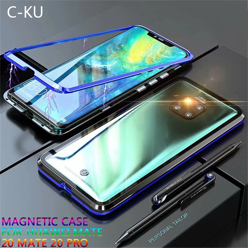 For Mate 20 Pro Magnetic Adsorption Snap Phone Case for Huawei Luxury Metal Tempered Glass Back Cover Coque |