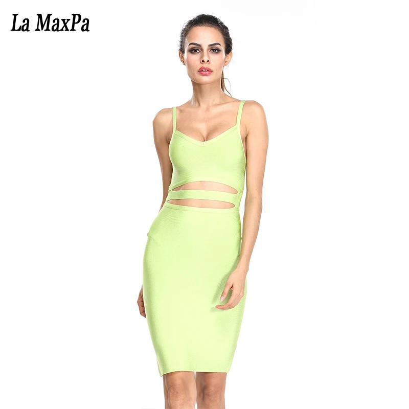 

2017 Green purple Summer Bandage Dresses Spaghetti Strap Hollow Out Strap Knee Length Bandage Women Dresses Robe Femme