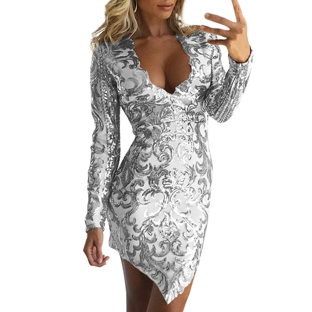 

Sequin Dress Women sequins women robe femme Sexy Dress White Gold sequin fabric party dress clothing V-neck dresses summer 2018