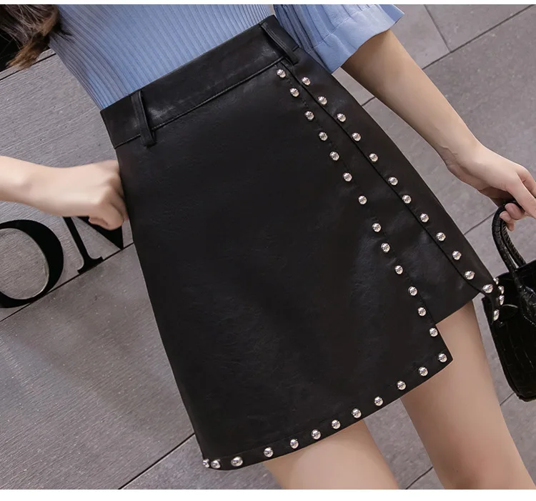 Корейский стиль юбки женские уличный стиль трапециевидная Юбка Лето Высокая талия Vogue стимпанк кожаная короткая юбка NS8931