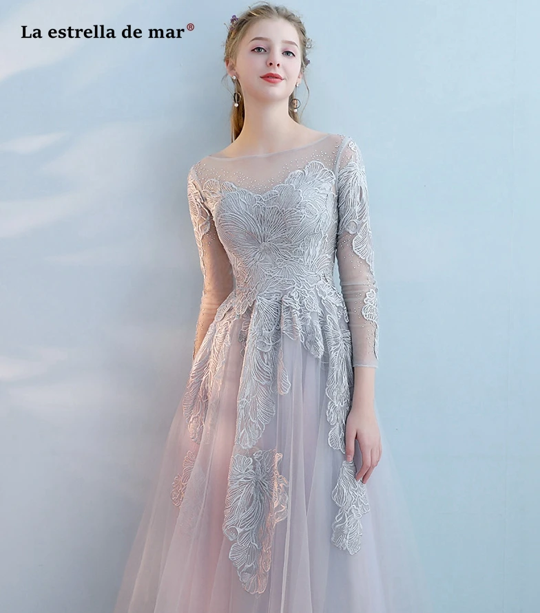 Robe demoiselle d'honneur2018 Новый тюль с длинным рукавом линии sexy see розовый серый платье подружки невесты длинные красивые vestido madrinha