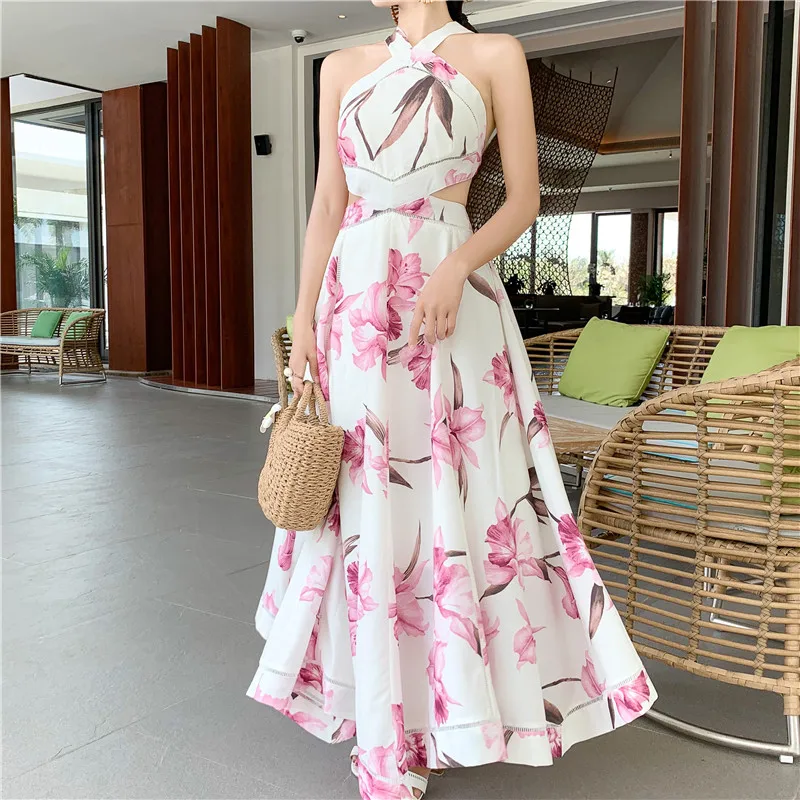

Seiwnibu Summer Holiday Long Dress 2019 Runway Women Sexy Backless Hollow Out Maxi Dress Slim Halter Beach Party Dress