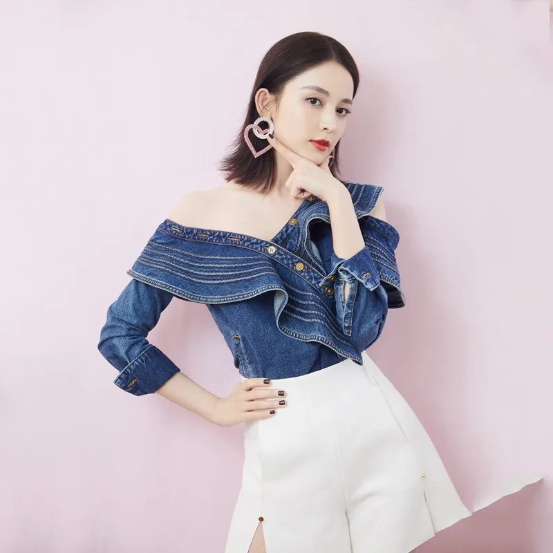 

Sexy Denim Shirt Women 2019 Autumn Ruffles One Off SHoulder Long Sleeve Women Blouse Blue Denim Jeans Blouse Ladies Tops