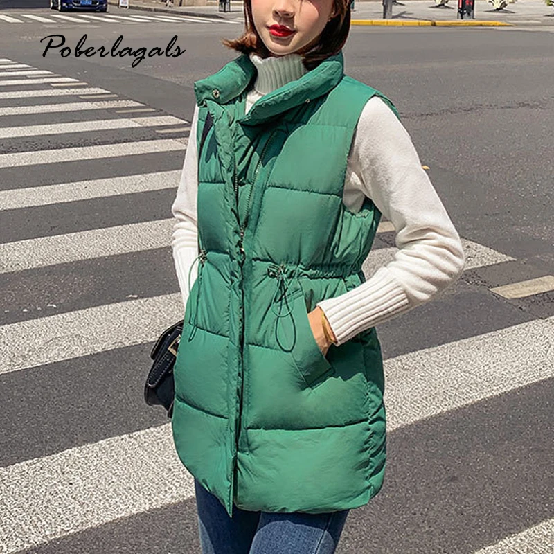 

Sleeveless waistcoat Loose large size waist drawstring long down jacket vest female stand collar Cotton Padded coat Waistcoat