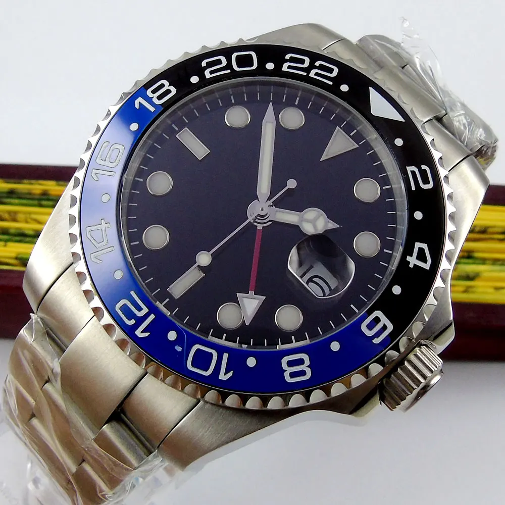 Luxury Brand 43mm Bliger Black Dial GMT Sapphire Crystal ceramic bezel Luminous Marks Date Automatic Movement Men's Watch