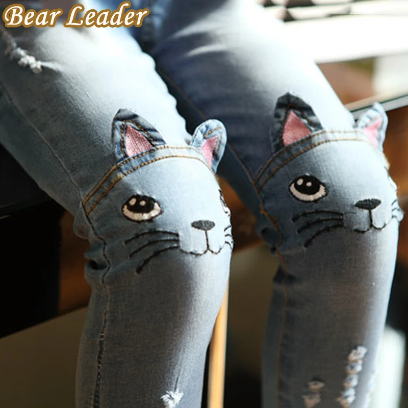 Bear Leader/джинсы для девочек; коллекция года; сезон весна; брюки до колена с рисунком кота; Детские узкие леггинсы; цвет синий; Pantalon Fillette; От 2 до 6 лет